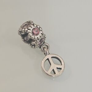 Pandora 925 ALE Sterling Silver Peace Sign Pink CZ Dangle Charm 790516